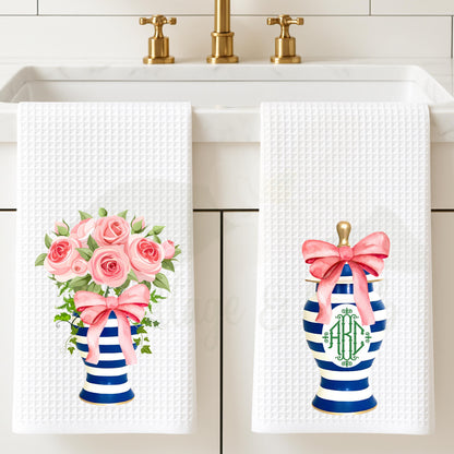Blue & Pink Floral Ginger Jar Tea Towels Preppy French Country Decor Grand Millennial