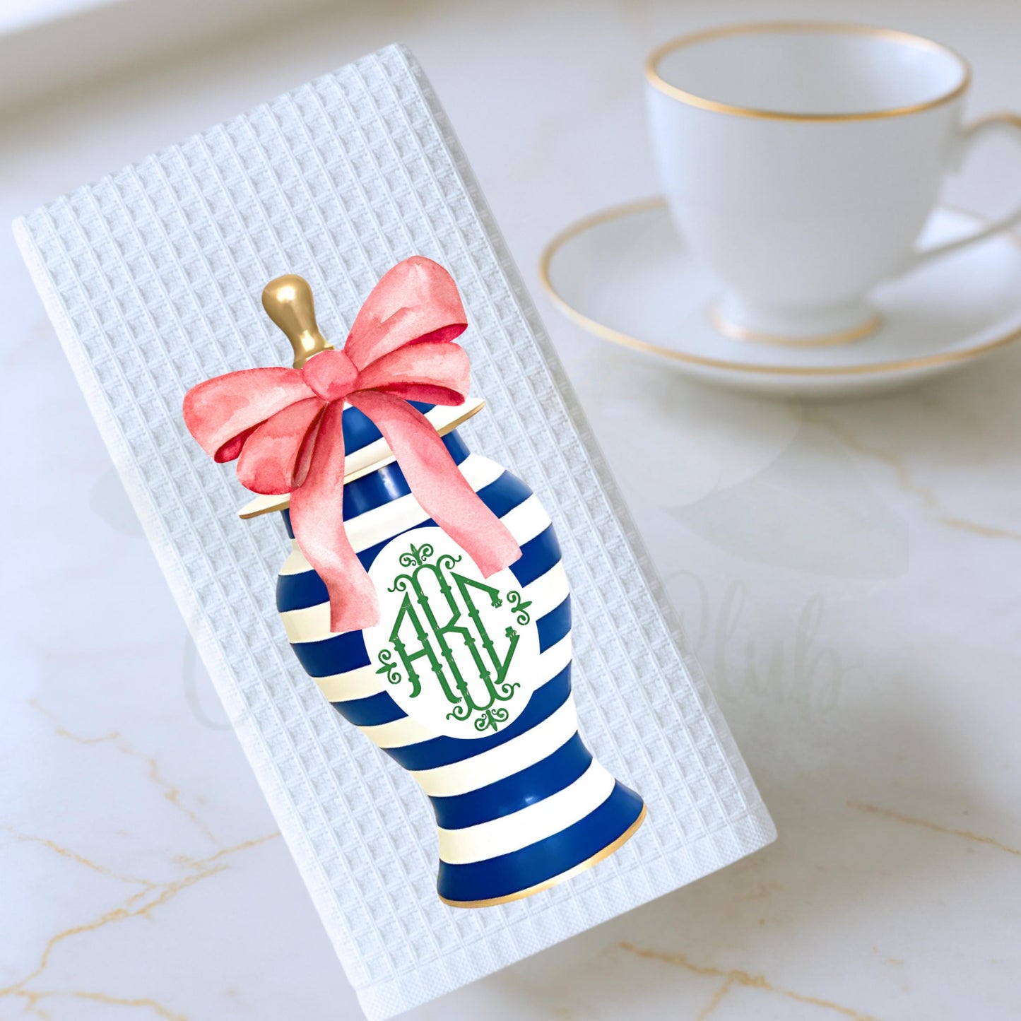 Blue & Pink Floral Ginger Jar Tea Towels Preppy French Country Decor Grand Millennial