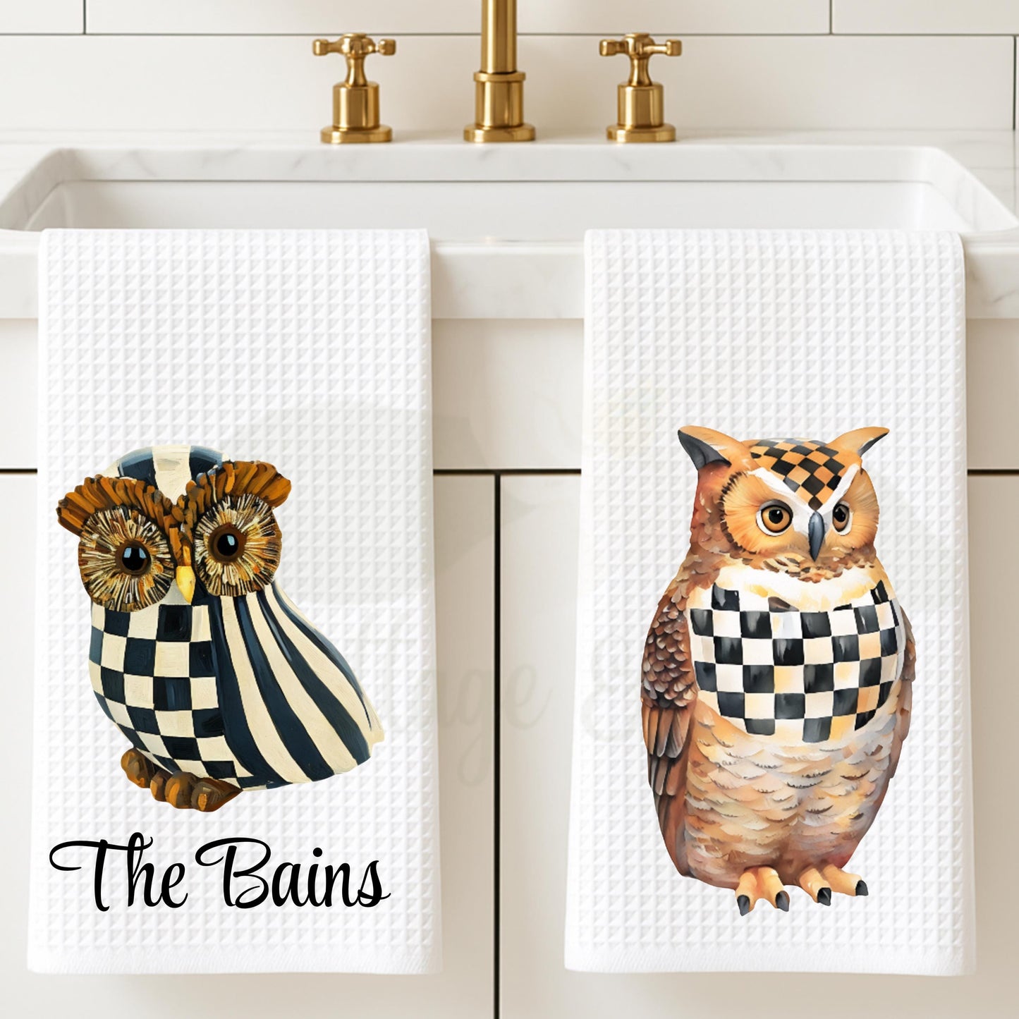 MacKenzie Childs Courtly Check Owl Tea Towel | Custom Kitchen Gift, Decor for her, Hostess, Fall Halloween, Birthday, Unique Gift