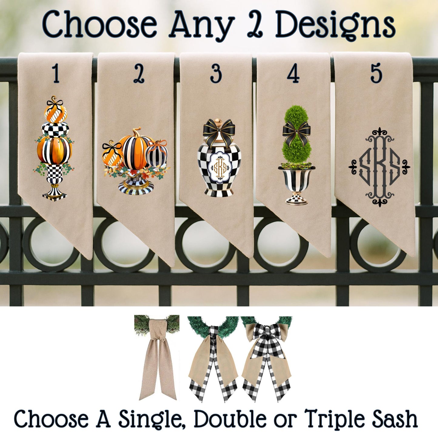 Halloween Fall McKenzie Childs Inspired Wreath Sash | Door Hanger | Front Door Decor | Wreath Bow | Holiday Porch Decor - Pumpkin Decoration