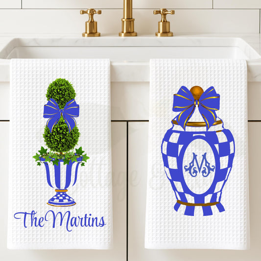 Personalized MacKenzie Childs Royal Check Tea Towel | Custom Kitchen Gift, Decor for her, Hostess, Fall  Birthday, Unique Gift, Royal Blue