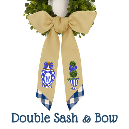 Embroidered Monogrammed Royal Blue Check Wreath Sash: Royal Checkered Fall Decor