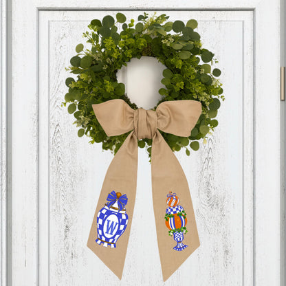 Embroidered Monogrammed Royal Blue Check Wreath Sash: Royal Checkered Fall Decor