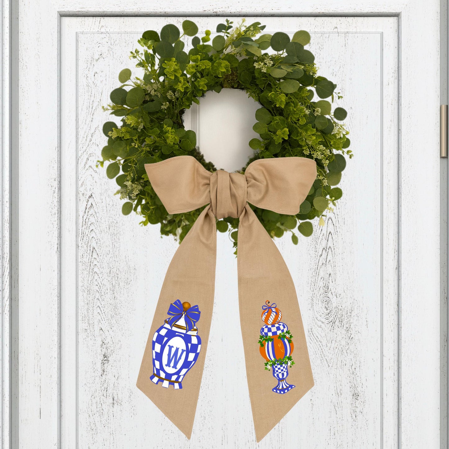 Embroidered Royal Blue Check Wreath Sash: Royal Checkered Fall Door Hanger