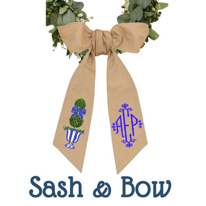 Embroidered Monogrammed Royal Blue Check Wreath Sash: Royal Checkered Fall Decor