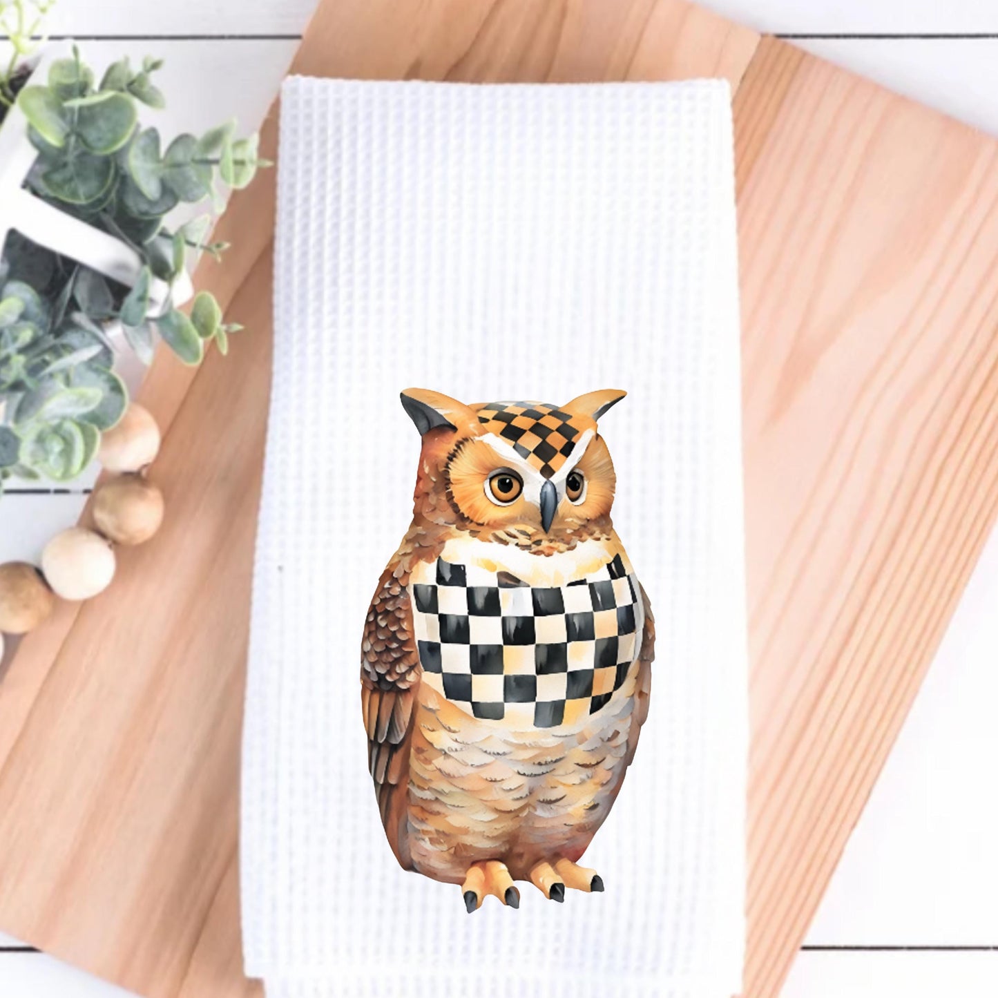 MacKenzie Childs Courtly Check Owl Tea Towel | Custom Kitchen Gift, Decor for her, Hostess, Fall Halloween, Birthday, Unique Gift