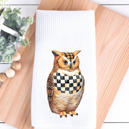 MacKenzie Childs Courtly Check Owl Tea Towel | Custom Kitchen Gift, Decor for her, Hostess, Fall Halloween, Birthday, Unique Gift