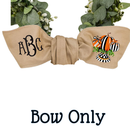 Embroidered Black Check Pumpkin Wreath Sash: Fall Door Hanger