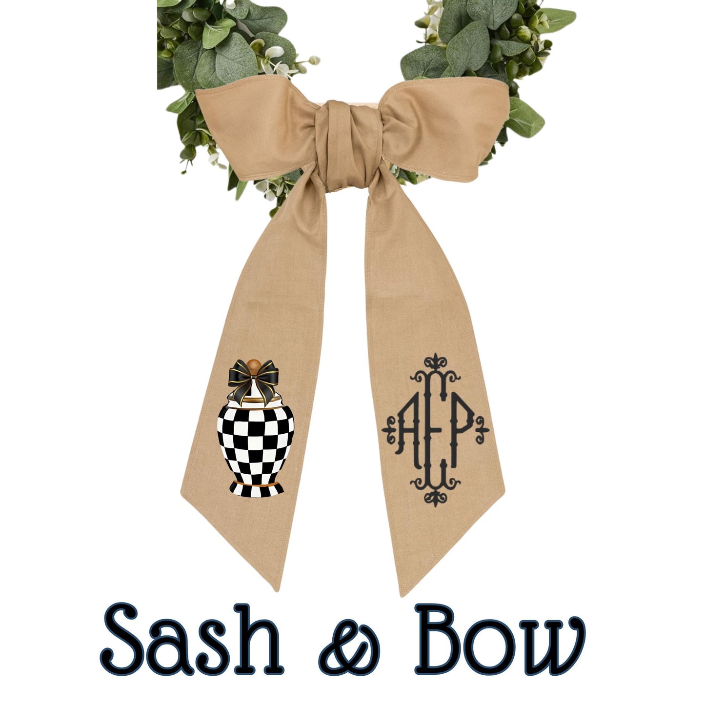 Embroidered Black Check Pumpkin Wreath Sash: Fall Door Hanger