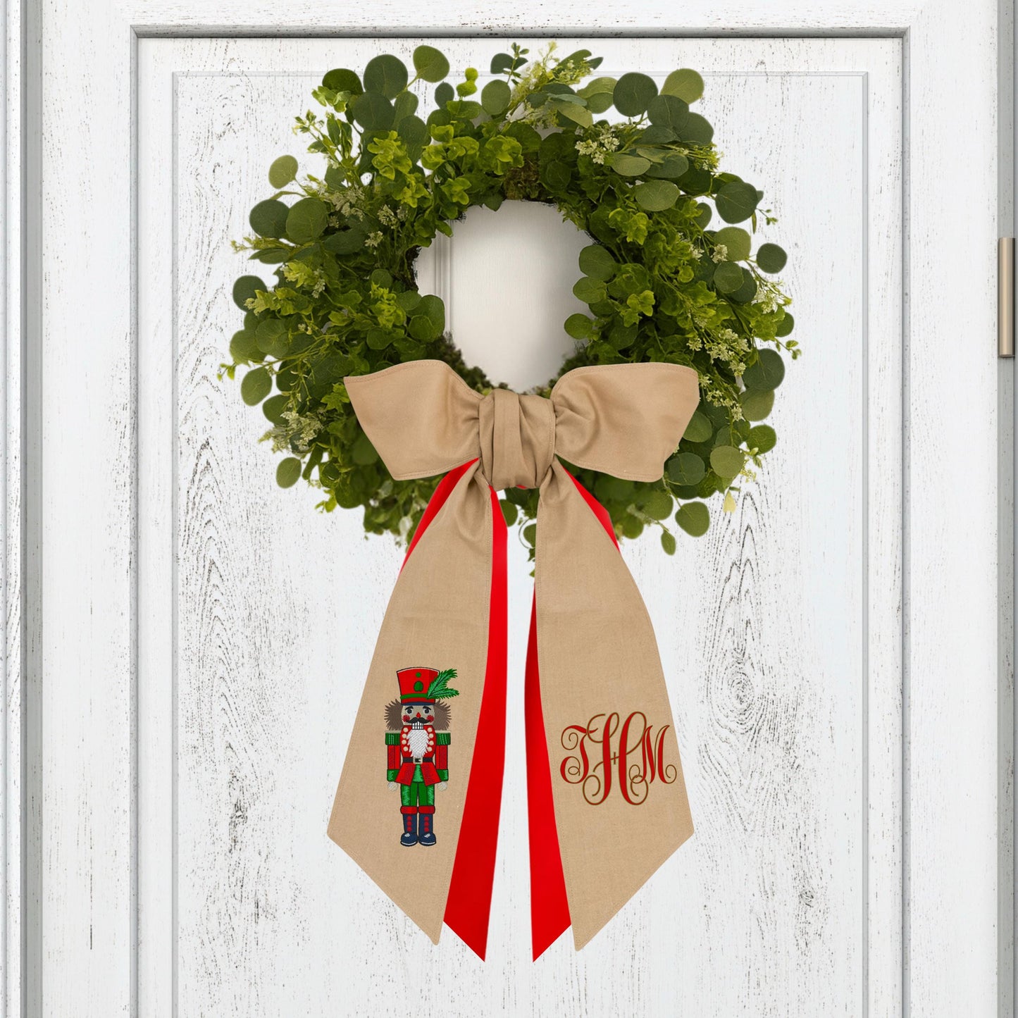 Embroidered Christmas Nutcracker Wreath Sash: Holiday Door Hanger