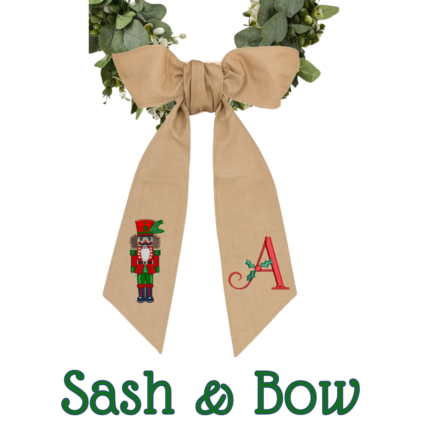 Embroidered Christmas Nutcracker Wreath Sash: Holiday Door Hanger