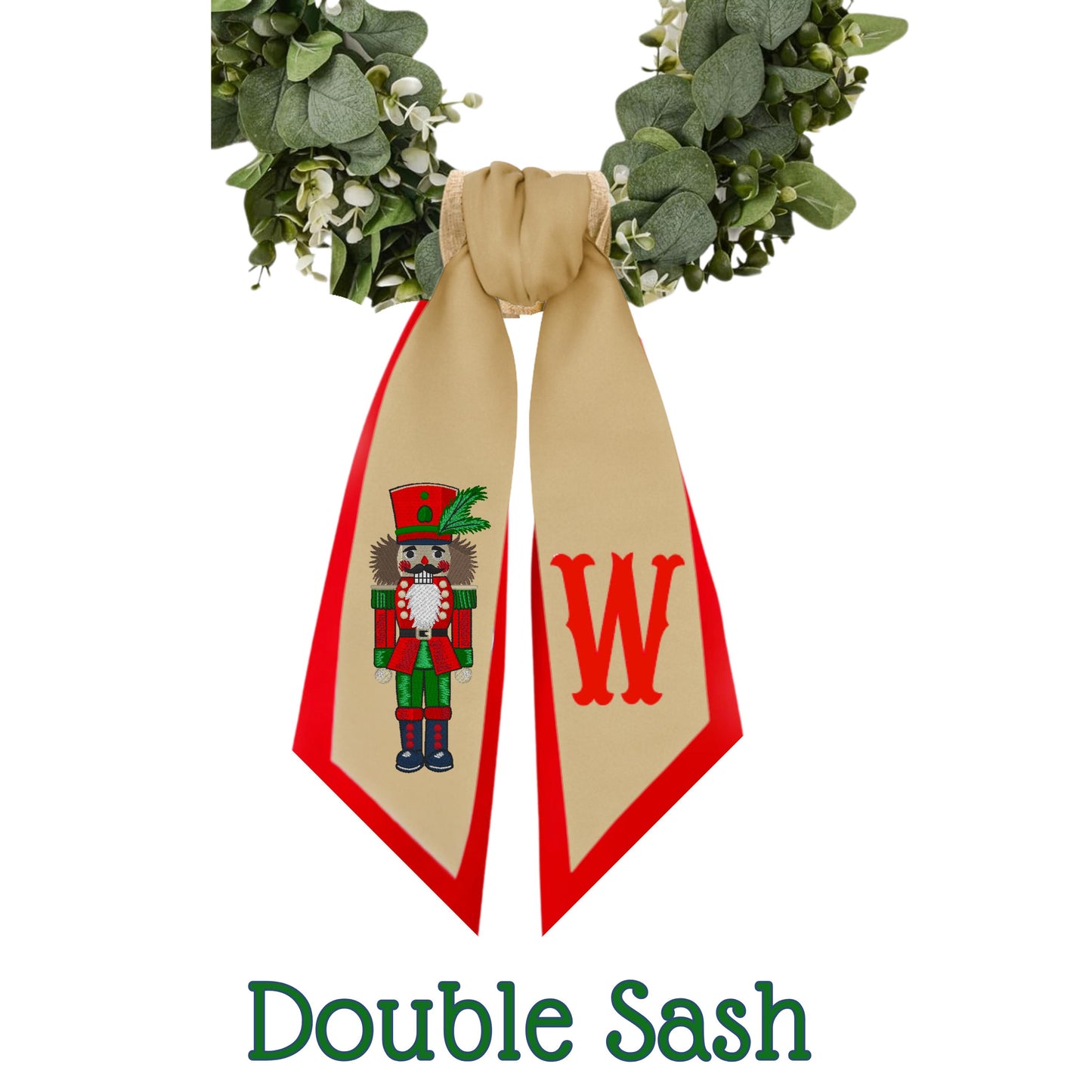 Embroidered Christmas Nutcracker Wreath Sash: Holiday Door Hanger