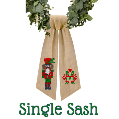 Embroidered Christmas Nutcracker Wreath Sash: Holiday Door Hanger