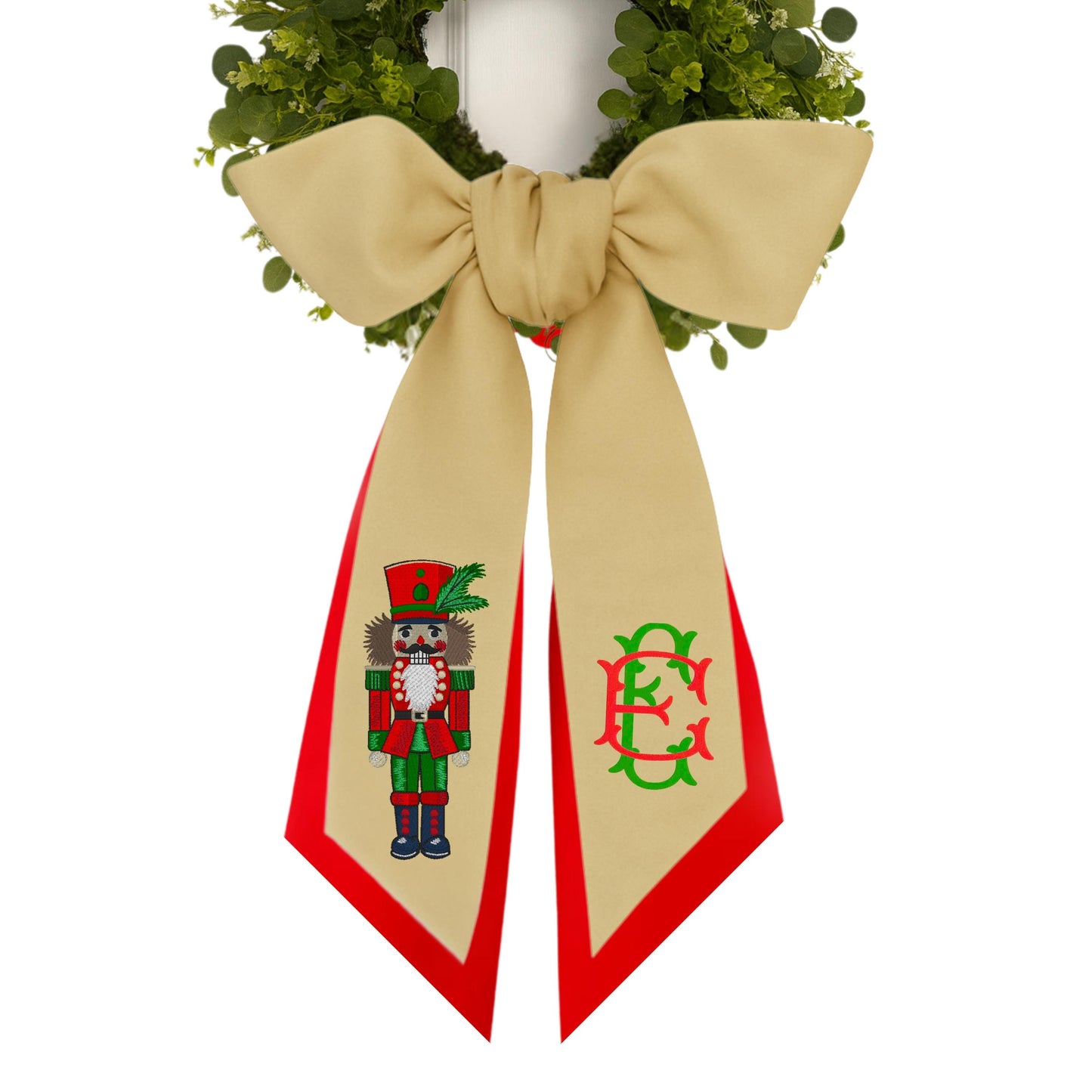 Embroidered Christmas Nutcracker Wreath Sash: Holiday Door Hanger