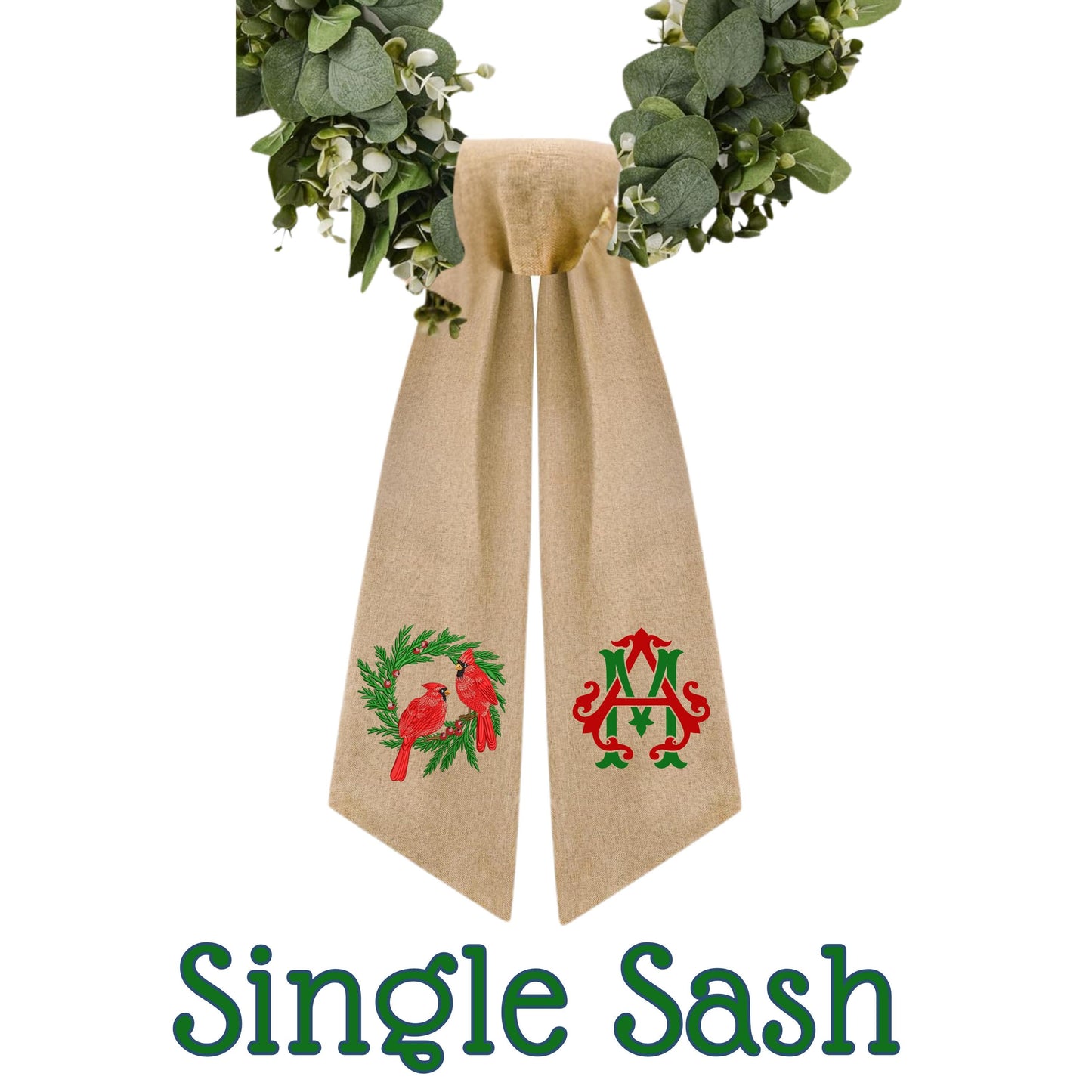 Embroidered Winter Robin Holiday Bird Wreath Sash: Door Hanger Featuring Red Birds