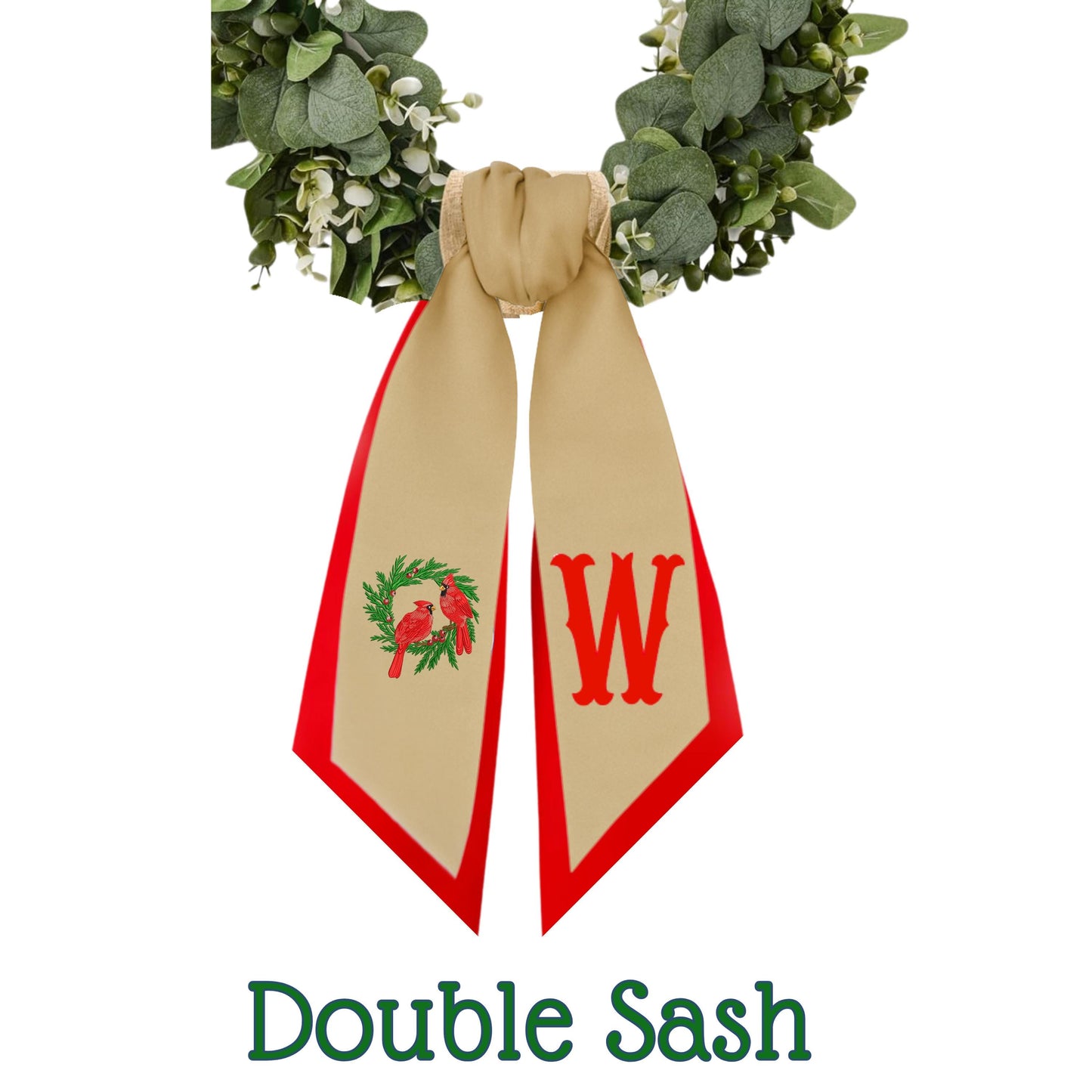 Embroidered Winter Robin Holiday Bird Wreath Sash: Door Hanger Featuring Red Birds