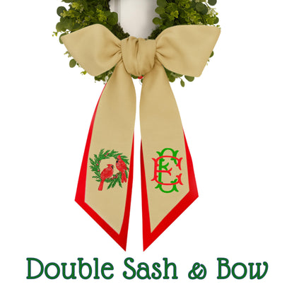 Embroidered Winter Robin Holiday Bird Wreath Sash: Door Hanger Featuring Red Birds