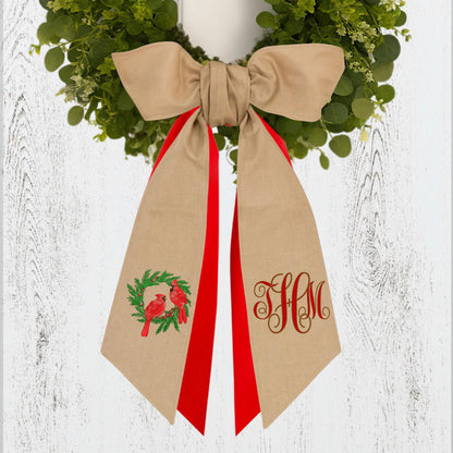 Embroidered Winter Robin Holiday Bird Wreath Sash: Door Hanger Featuring Red Birds