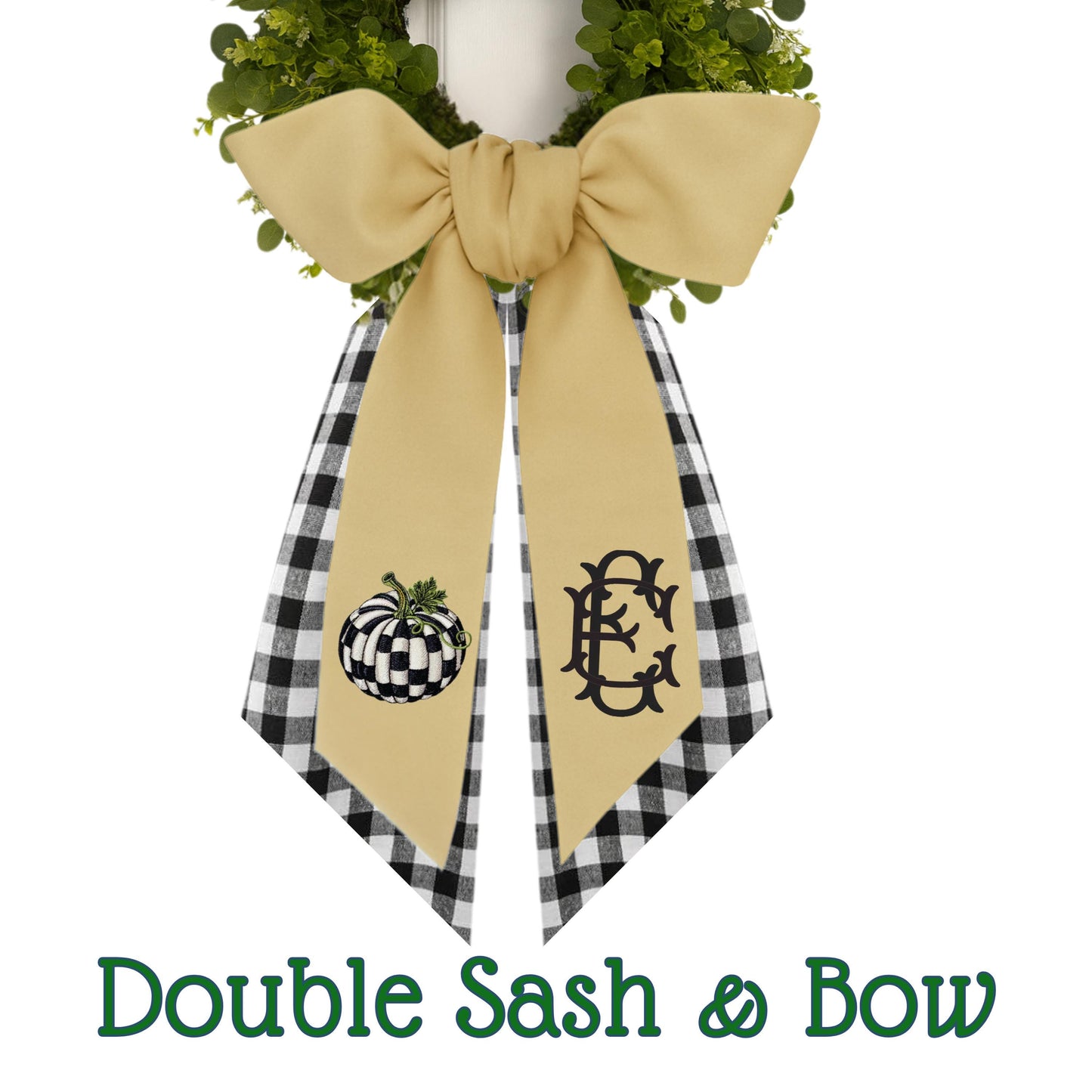 Embroidered Pumpkin Wreath Sash: Black & White Check Fall Decor - Courtly Check