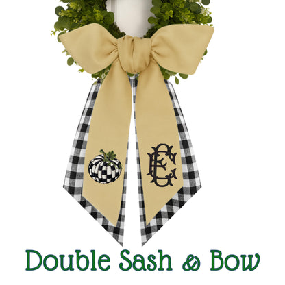 Embroidered Pumpkin Wreath Sash: Black & White Check Fall Decor - Courtly Check