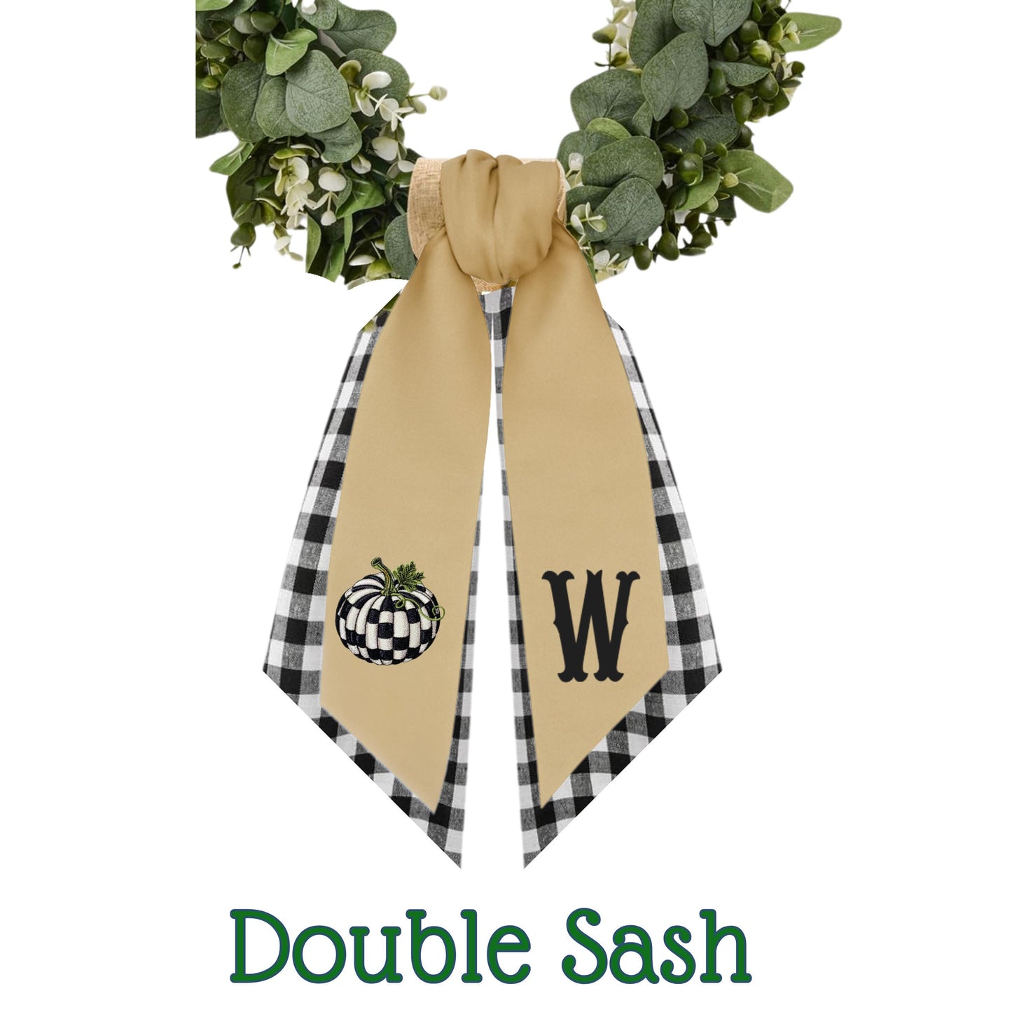 Embroidered Pumpkin Wreath Sash: Black & White Check Fall Decor - Courtly Check