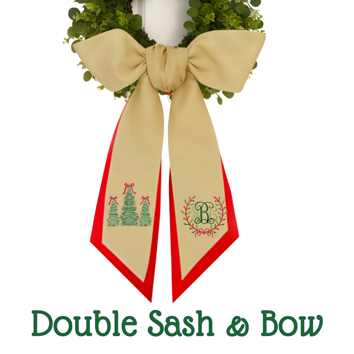 Embroidered Monogram Holiday Wreath Sash: Personalized Christmas Door Front Porch Decor