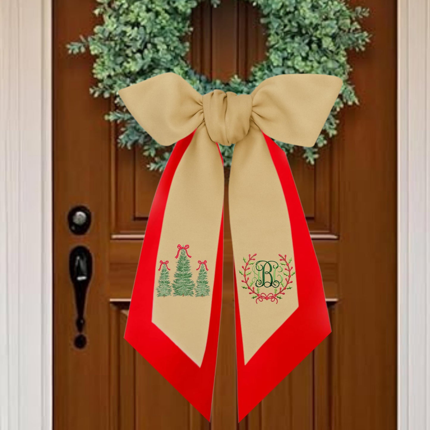 Embroidered Monogram Holiday Wreath Sash: Personalized Christmas Door Front Porch Decor