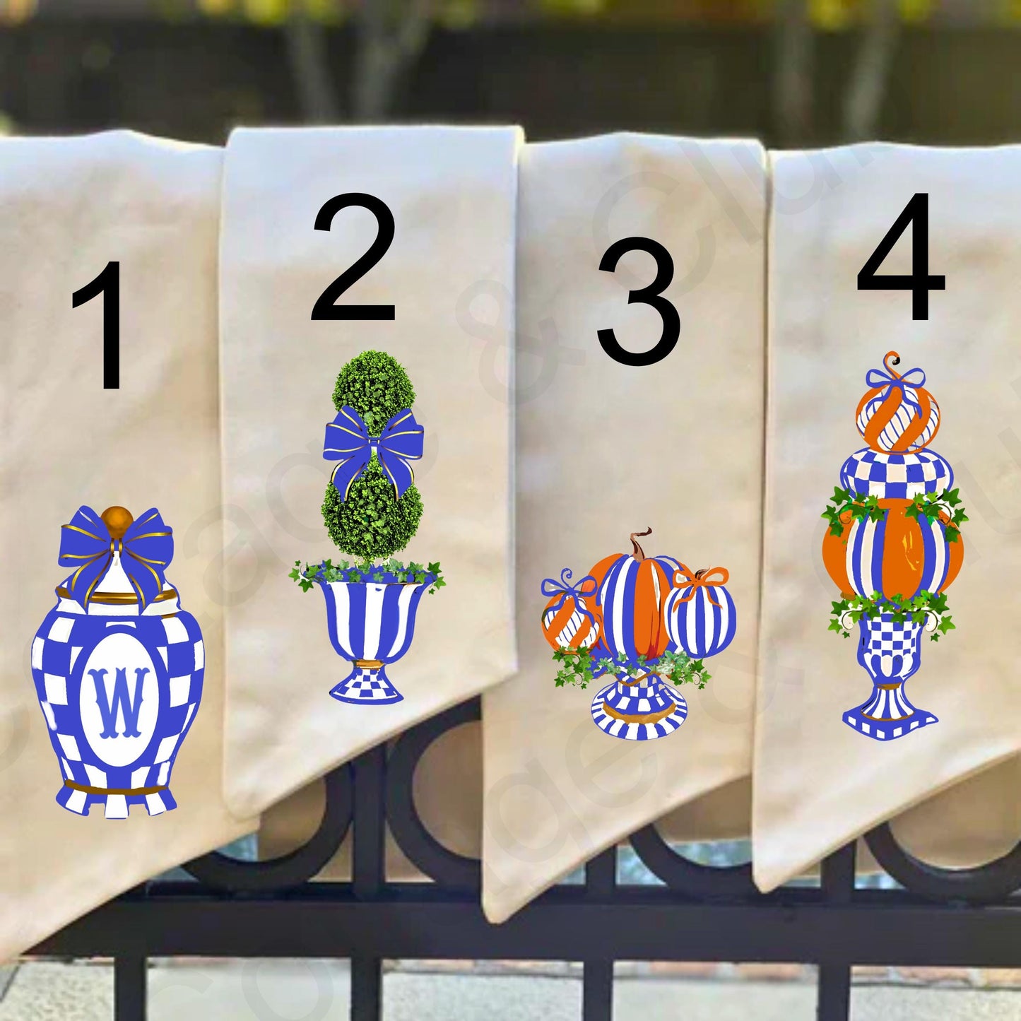 Embroidered Royal Blue Check Wreath Sash: Royal Checkered Fall Door Hanger