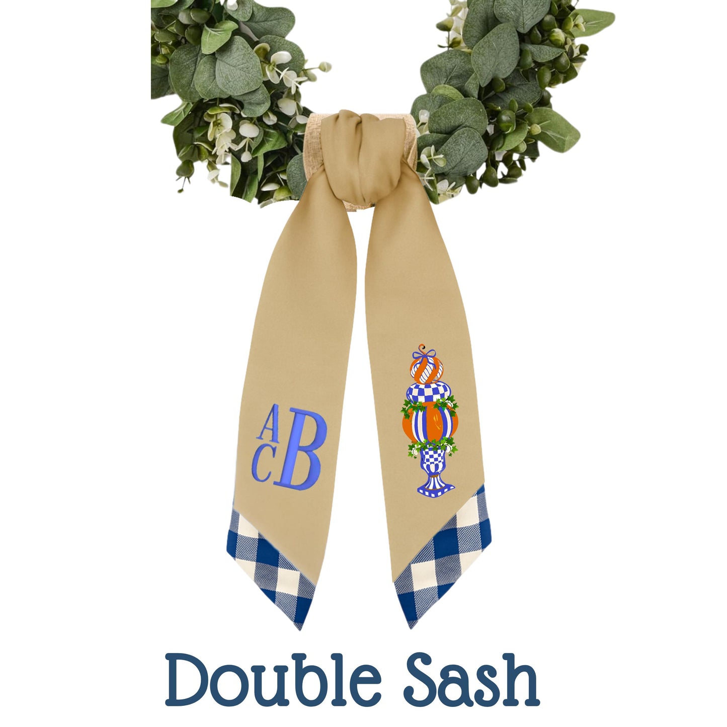 Embroidered Royal Blue Check Wreath Sash: Royal Checkered Fall Door Hanger
