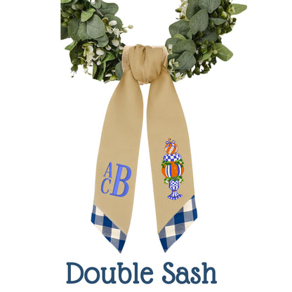 Embroidered Royal Blue Check Wreath Sash: Royal Checkered Fall Door Hanger