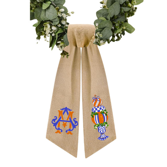 Embroidered Royal Blue Check Wreath Sash: Royal Checkered Fall Door Hanger