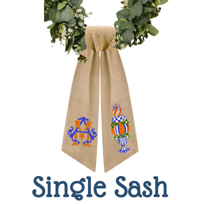 Embroidered Monogrammed Royal Blue Check Wreath Sash: Royal Checkered Fall Decor