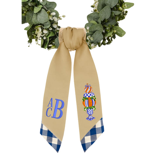 Embroidered Monogrammed Royal Blue Check Wreath Sash: Royal Checkered Fall Decor