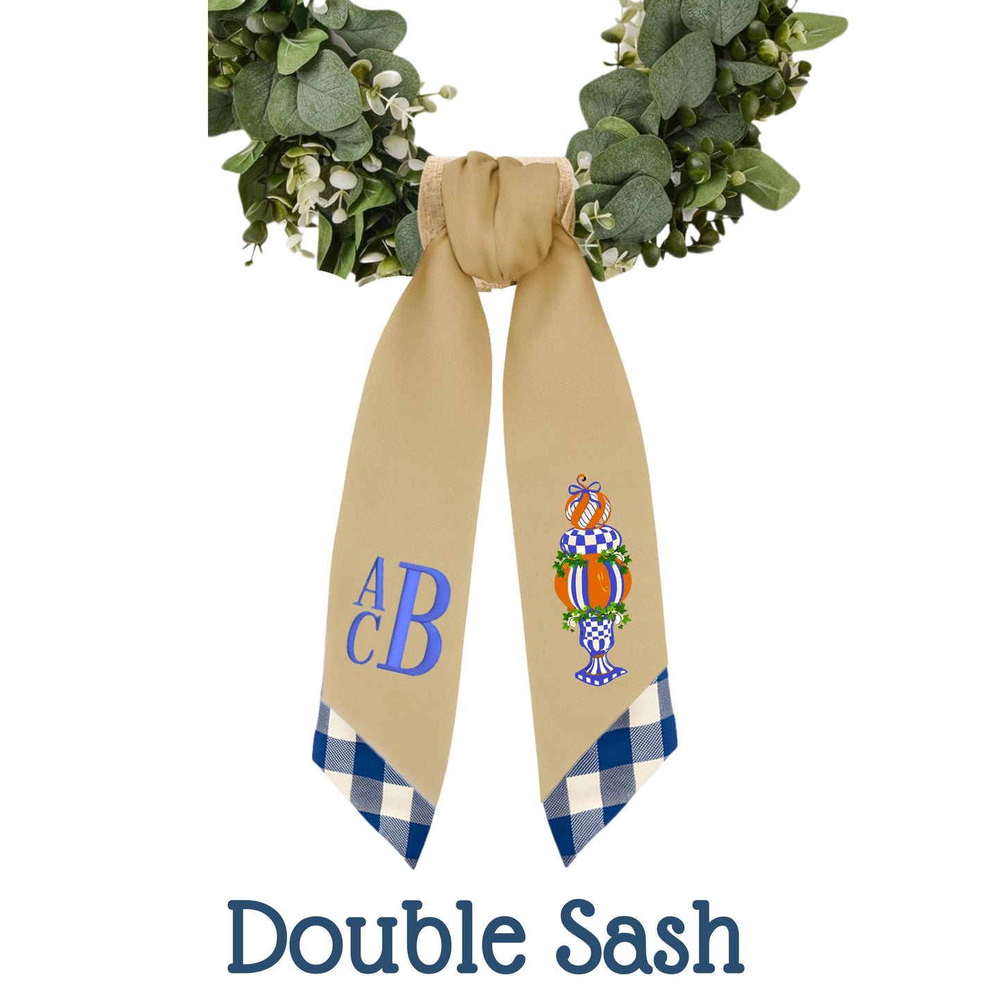 Monogrammed Royal Check Wreath Sash: MacKenzie Childs Inspired Door Decor