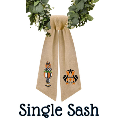 Embroidered Black Check Pumpkin Wreath Sash: Fall Door Hanger