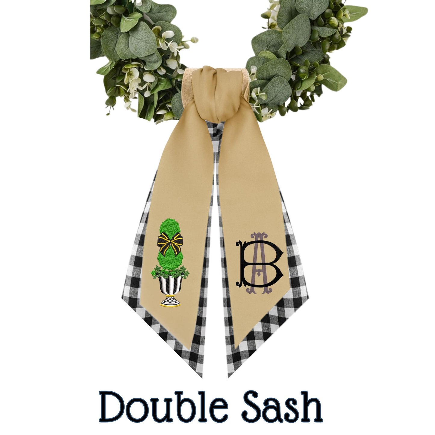 Embroidered Black Check Pumpkin Wreath Sash: Fall Door Hanger