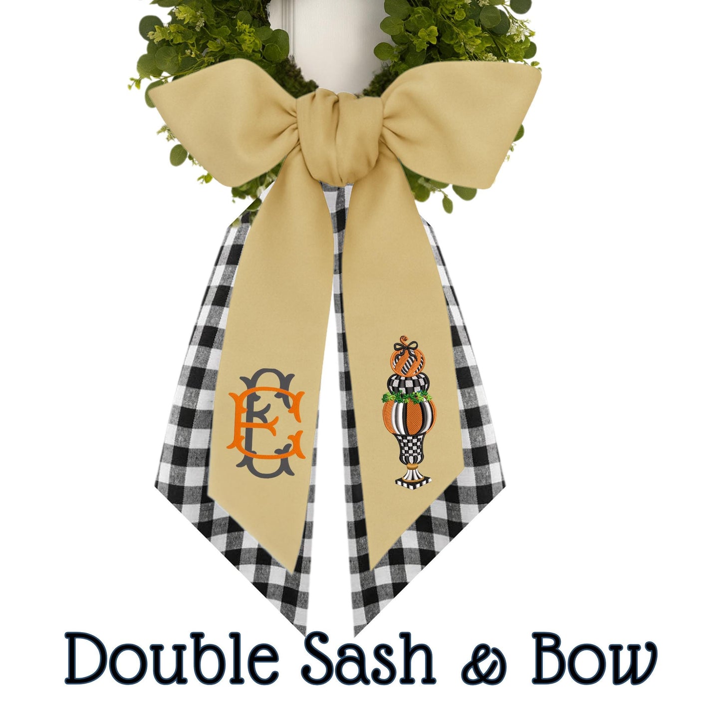Embroidered Black Check Pumpkin Wreath Sash: Fall Door Hanger
