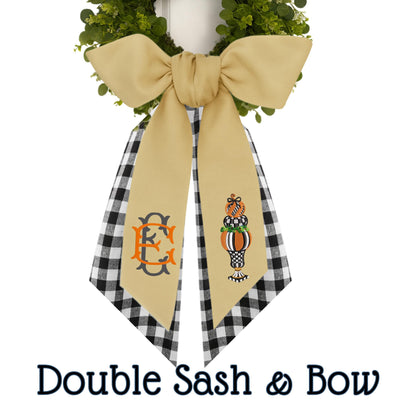 Embroidered Black Check Pumpkin Wreath Sash: Fall Door Hanger