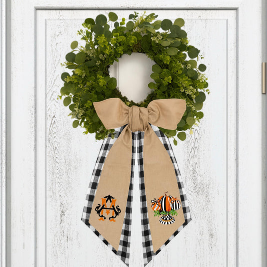 Embroidered Black Check Pumpkin Wreath Sash: Fall Door Hanger