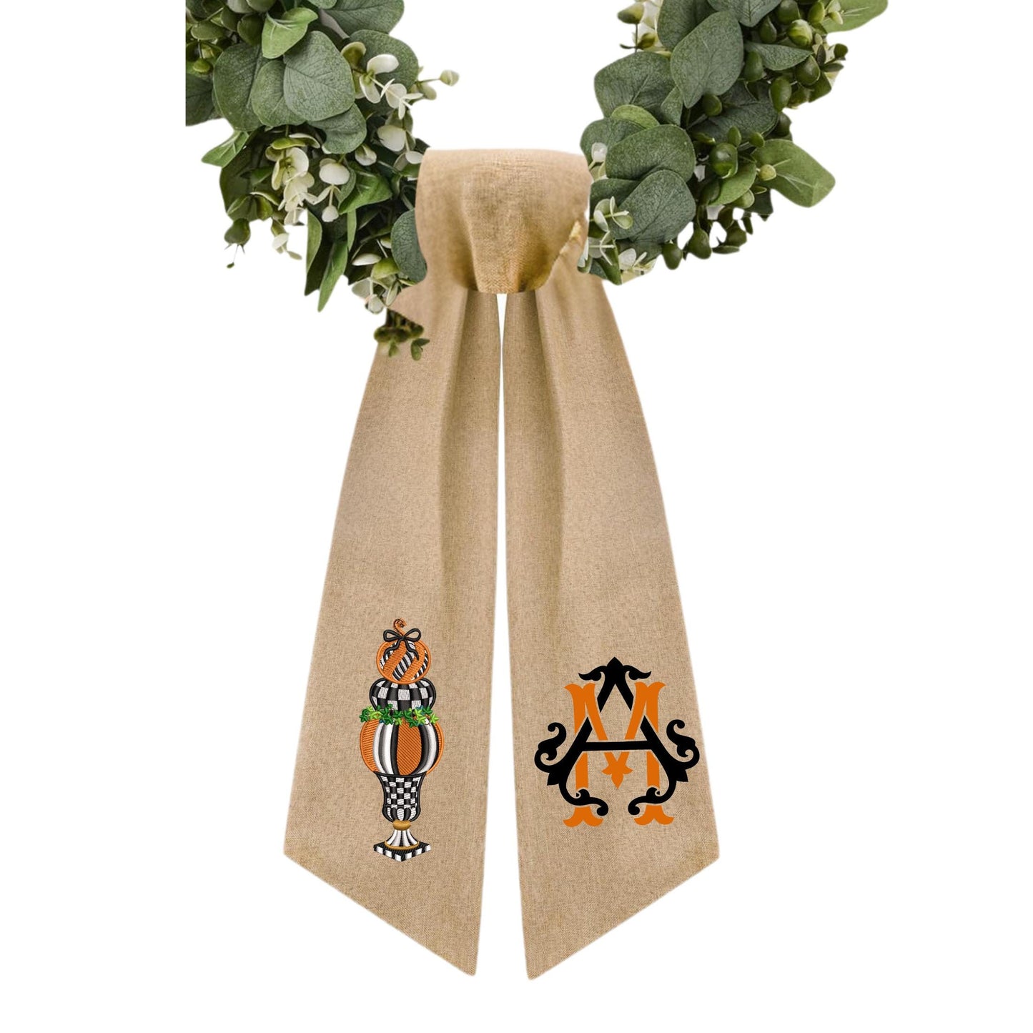 Monogrammed Halloween Wreath Sash: Fall Pumpkin Door Decor