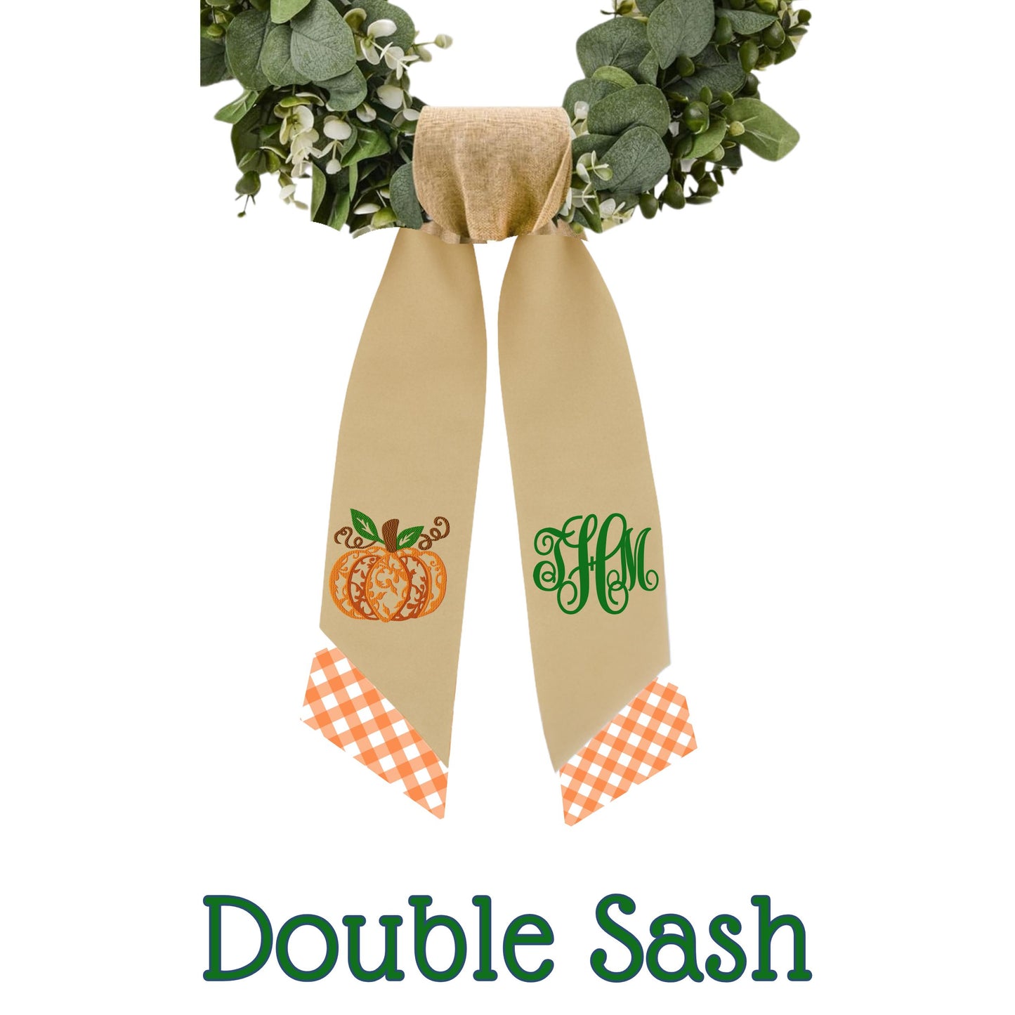 Embroidered Fall Thanksgiving Pumpkin Wreath Sash: Pumpkin Decor Front Porch Door Hanger
