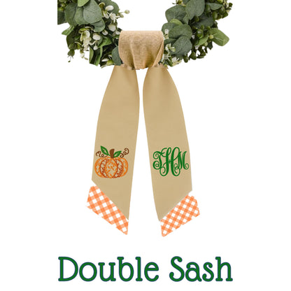 Embroidered Fall Thanksgiving Pumpkin Wreath Sash: Pumpkin Decor Front Porch Door Hanger