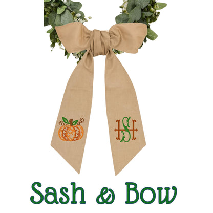 Embroidered Fall Thanksgiving Pumpkin Wreath Sash: Pumpkin Decor Front Porch Door Hanger