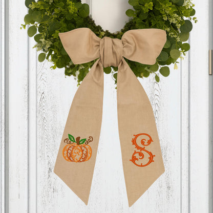 Embroidered Fall Thanksgiving Pumpkin Wreath Sash: Pumpkin Decor Front Porch Door Hanger