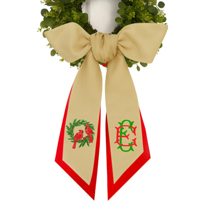Embroidered Winter Robin Holiday Bird Wreath Sash: Door Hanger Featuring Red Birds