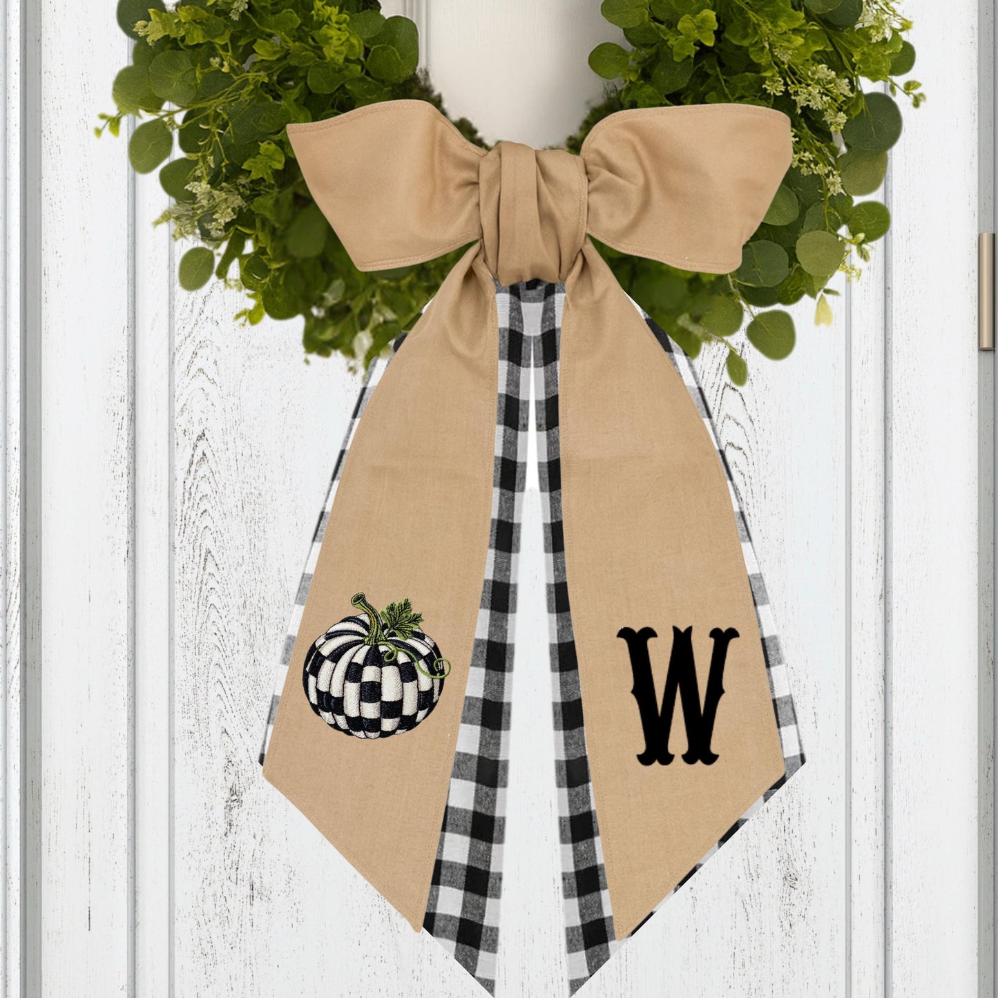 Embroidered Pumpkin Wreath Sash: Black & White Check Fall Decor - Courtly Check