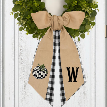 Embroidered Pumpkin Wreath Sash: Black & White Check Fall Decor - Courtly Check
