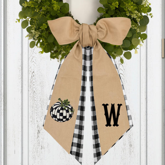Embroidered Pumpkin Wreath Sash: Black & White Check Fall Decor - Courtly Check