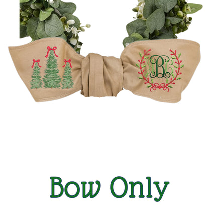 Embroidered Monogram Holiday Wreath Sash: Personalized Christmas Door Front Porch Decor