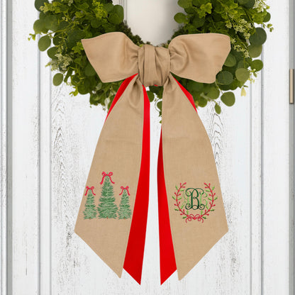 Embroidered Monogram Holiday Wreath Sash: Personalized Christmas Door Front Porch Decor